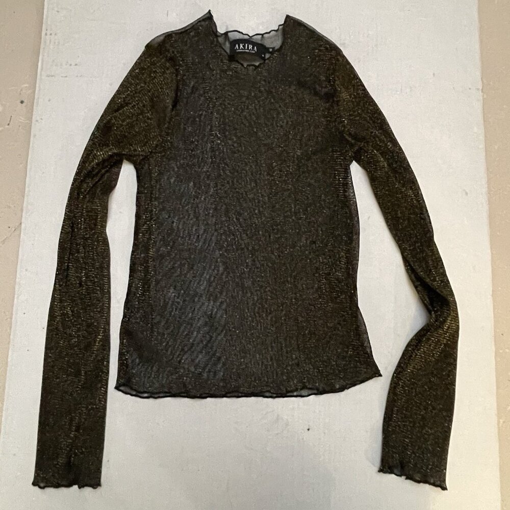 Akira Top Blouse Women Medium Shirt Pullover Sheer Mesh Black Gold Y2k Fairy